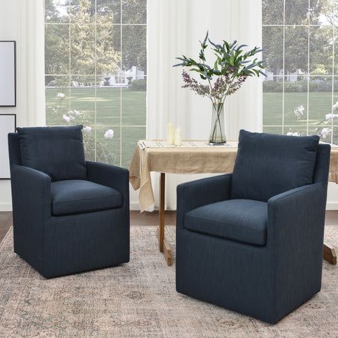 Sean Performance Dining Chair with Casters - Indigo Upholstered Dining Chair | Modern Dining Chairs | Kinwell Furniture | Performance Fabric Dining Chairs